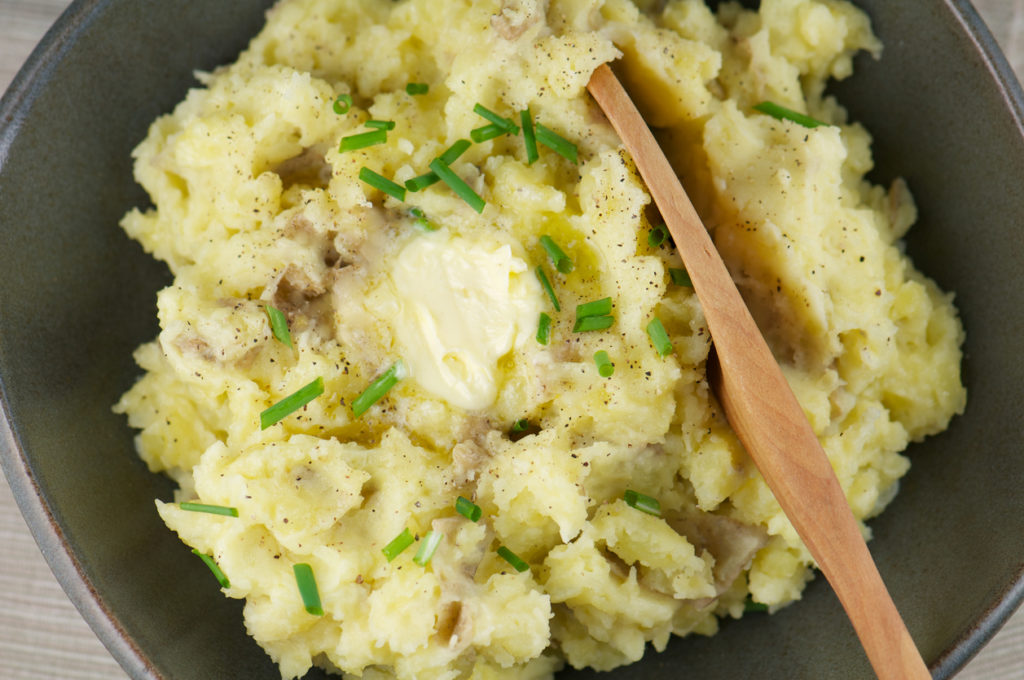 Gray Bowl of Buttery Mashed Potatoes from Above