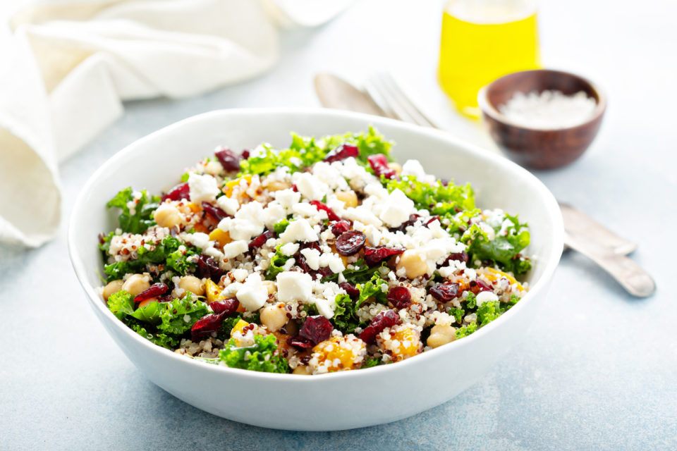 Kale and quinoa salad with chickpeas and feta