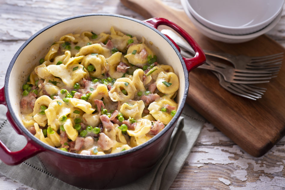 Homemade Ham and Cheese Tortellini with Green Peas