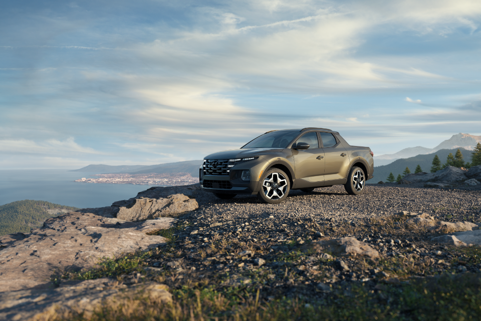 A 2022 Hyundai Santa Cruz on a cliff by water