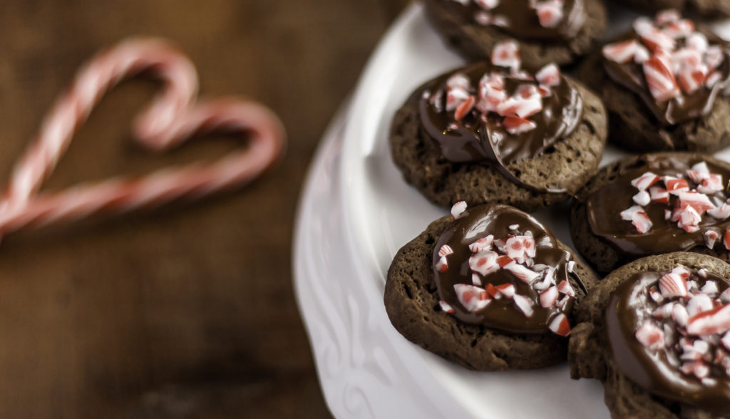 Chocolate cookies with Hershey's Melts and crushed candy canes sprinkled on top.