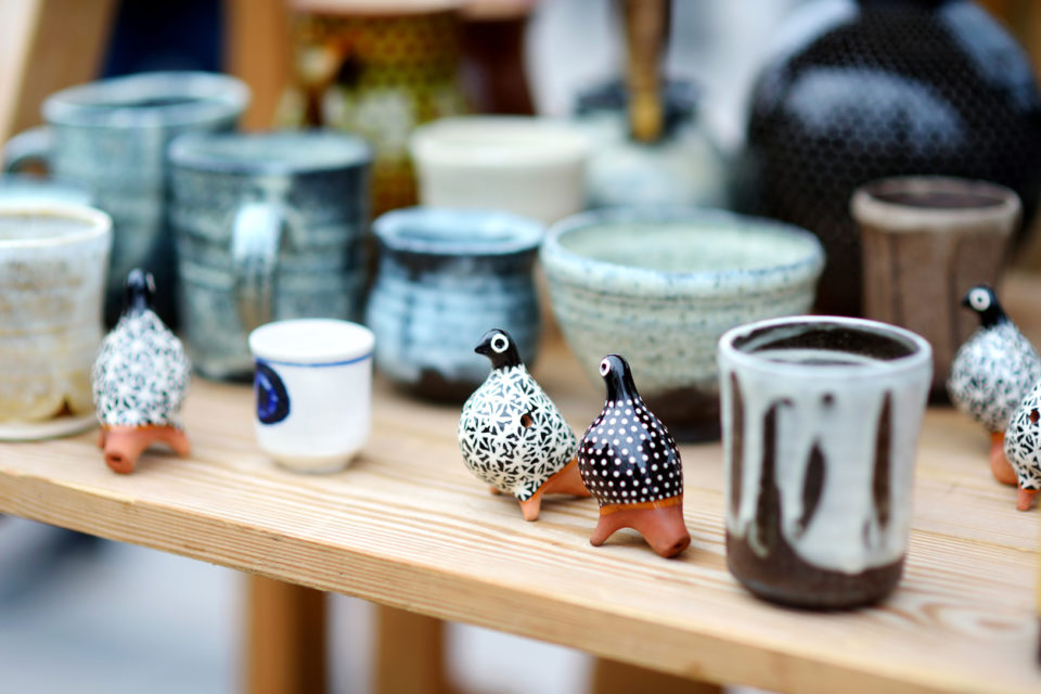 Ceramic dishes, tableware and jugs sold at art market