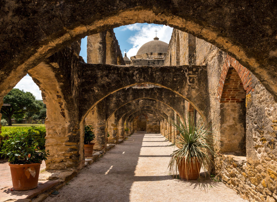 Arches covered walk way at the Go Back In Time At Mission San José in San Antonio TX